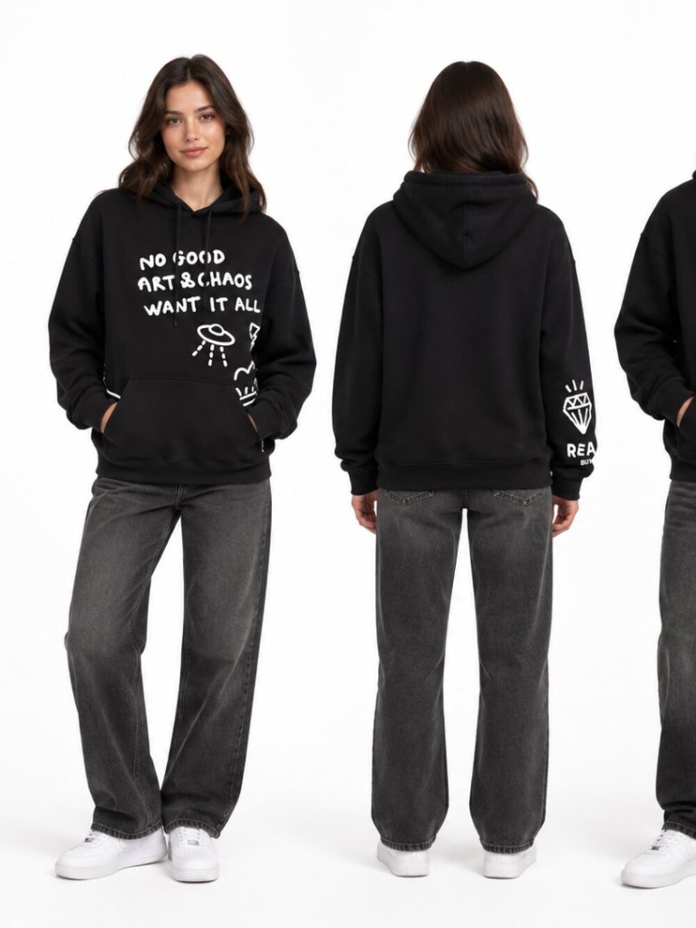 Preowned Unisex Black and White Graphic Uniqlo Hoodie Size Medium